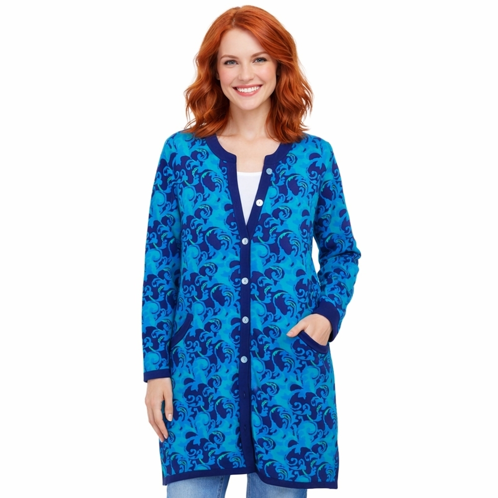 Norm Thompson Blue Floral Long Cardigan Duster Sweater Women's Medium
